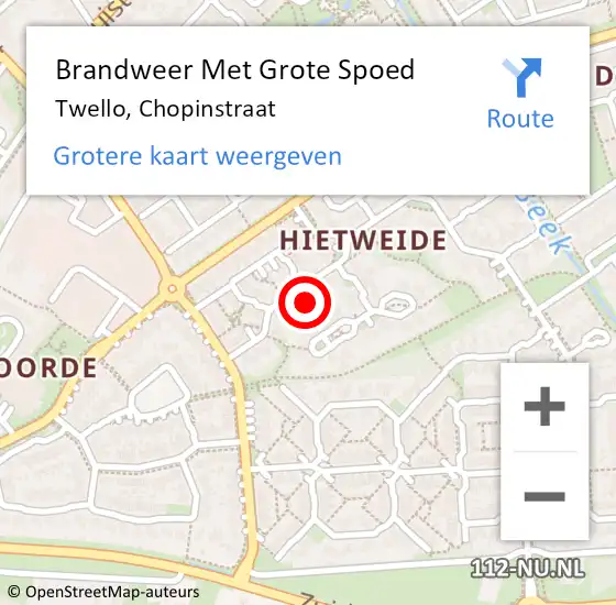 Locatie op kaart van de 112 melding: Brandweer Met Grote Spoed Naar Twello, Chopinstraat op 29 oktober 2023 22:37