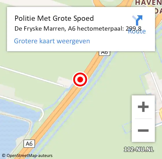 Locatie op kaart van de 112 melding: Politie Met Grote Spoed Naar De Fryske Marren, A6 hectometerpaal: 299,8 op 30 oktober 2023 04:33