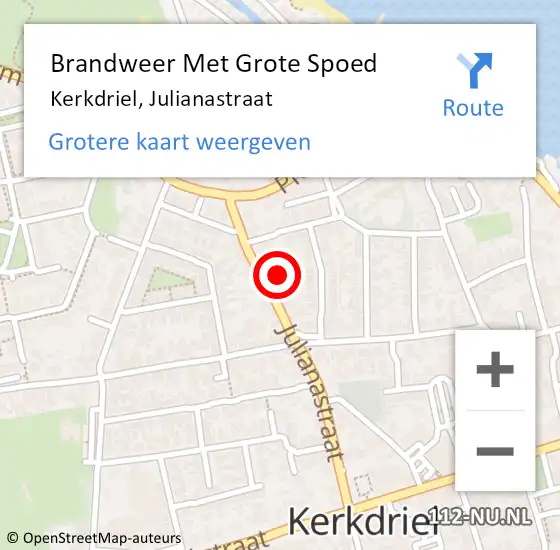 Locatie op kaart van de 112 melding: Brandweer Met Grote Spoed Naar Kerkdriel, Julianastraat op 30 oktober 2023 04:49