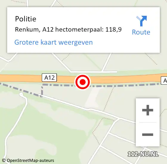 Locatie op kaart van de 112 melding: Politie Renkum, A12 hectometerpaal: 118,9 op 30 oktober 2023 07:10