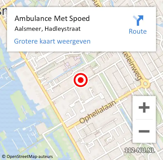Locatie op kaart van de 112 melding: Ambulance Met Spoed Naar Aalsmeer, Hadleystraat op 30 oktober 2023 07:29