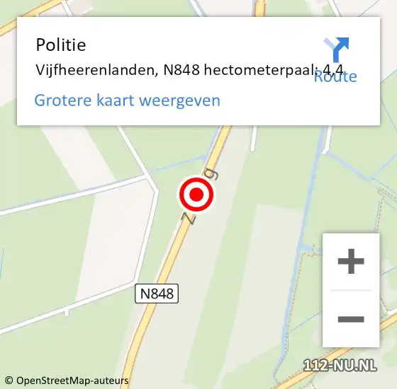 Locatie op kaart van de 112 melding: Politie Vijfheerenlanden, N848 hectometerpaal: 4,4 op 30 oktober 2023 07:46