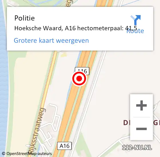 Locatie op kaart van de 112 melding: Politie Hoeksche Waard, A16 hectometerpaal: 41,5 op 30 oktober 2023 08:55