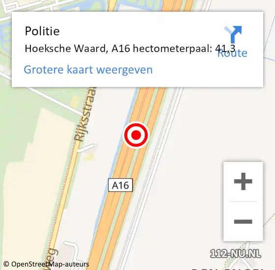 Locatie op kaart van de 112 melding: Politie Hoeksche Waard, A16 hectometerpaal: 41,3 op 30 oktober 2023 09:02