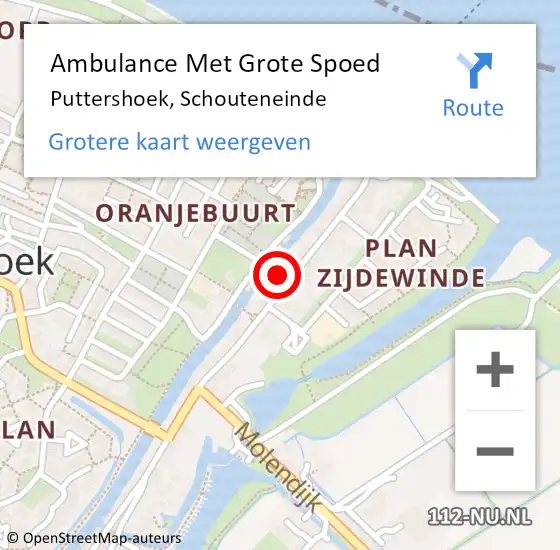 Locatie op kaart van de 112 melding: Ambulance Met Grote Spoed Naar Puttershoek, Schouteneinde op 30 oktober 2023 12:18