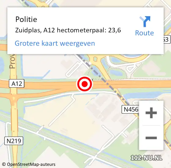 Locatie op kaart van de 112 melding: Politie Zuidplas, A12 hectometerpaal: 23,6 op 30 oktober 2023 13:06