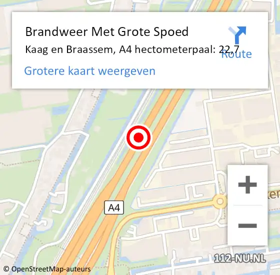 Locatie op kaart van de 112 melding: Brandweer Met Grote Spoed Naar Kaag en Braassem, A4 hectometerpaal: 22,7 op 30 oktober 2023 13:54