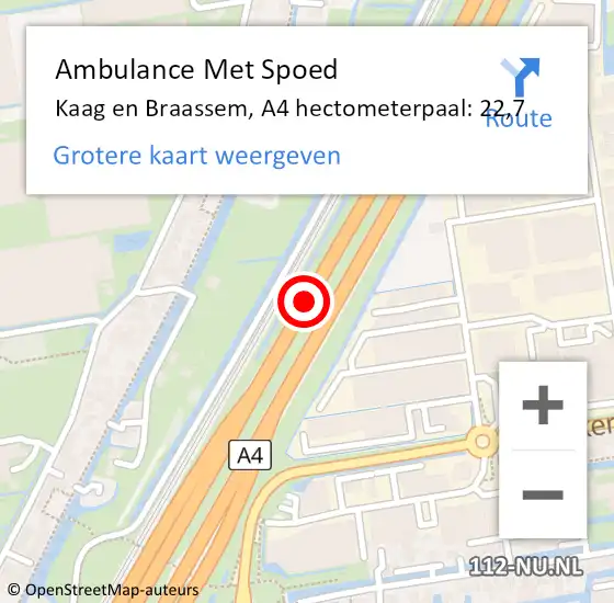 Locatie op kaart van de 112 melding: Ambulance Met Spoed Naar Kaag en Braassem, A4 hectometerpaal: 22,7 op 30 oktober 2023 13:57