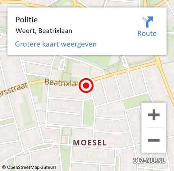 Locatie op kaart van de 112 melding: Politie Weert, Beatrixlaan op 30 oktober 2023 13:59