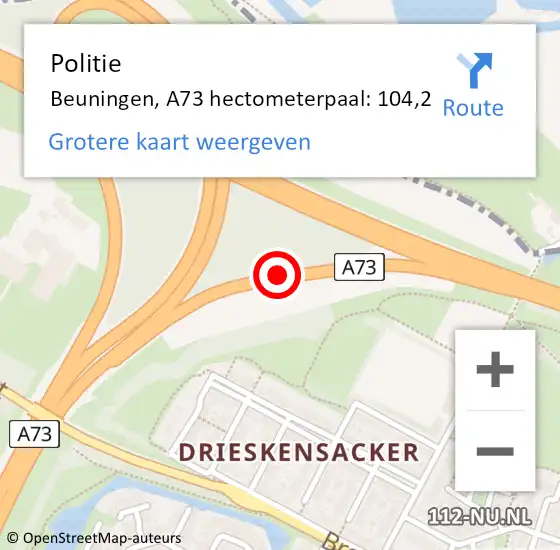 Locatie op kaart van de 112 melding: Politie Beuningen, A73 hectometerpaal: 104,2 op 30 oktober 2023 14:26