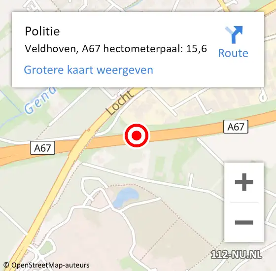 Locatie op kaart van de 112 melding: Politie Veldhoven, A67 hectometerpaal: 15,6 op 30 oktober 2023 14:50