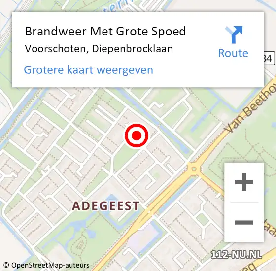 Locatie op kaart van de 112 melding: Brandweer Met Grote Spoed Naar Voorschoten, Diepenbrocklaan op 30 oktober 2023 16:19