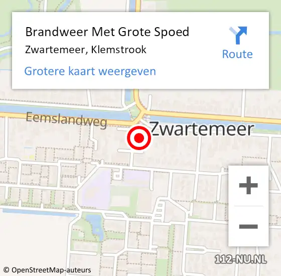 Locatie op kaart van de 112 melding: Brandweer Met Grote Spoed Naar Zwartemeer, Klemstrook op 30 oktober 2023 17:38