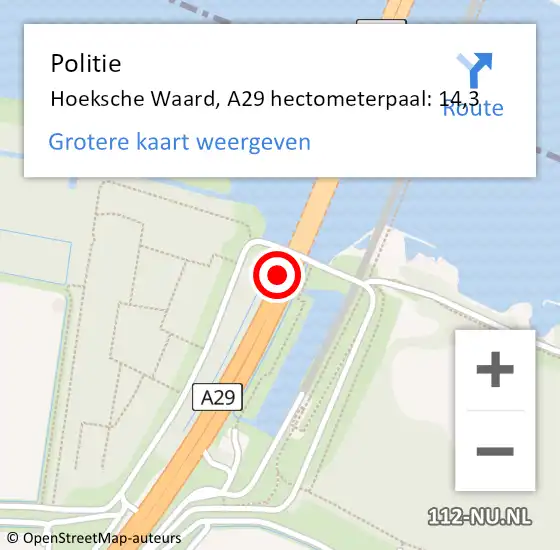 Locatie op kaart van de 112 melding: Politie Hoeksche Waard, A29 hectometerpaal: 14,3 op 30 oktober 2023 17:48