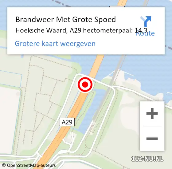 Locatie op kaart van de 112 melding: Brandweer Met Grote Spoed Naar Hoeksche Waard, A29 hectometerpaal: 14,3 op 30 oktober 2023 17:49