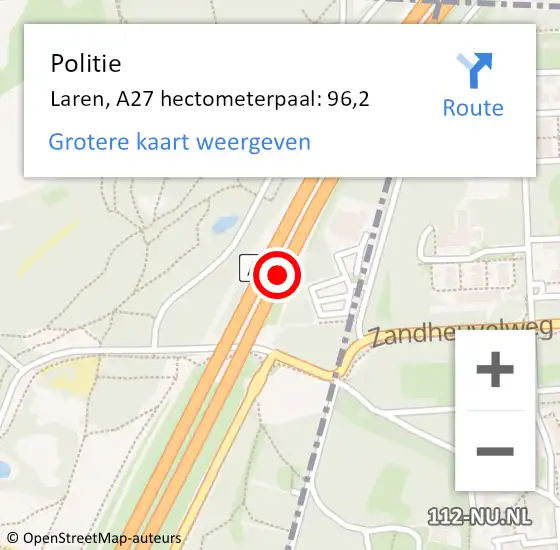 Locatie op kaart van de 112 melding: Politie Laren, A27 hectometerpaal: 96,2 op 30 oktober 2023 17:54