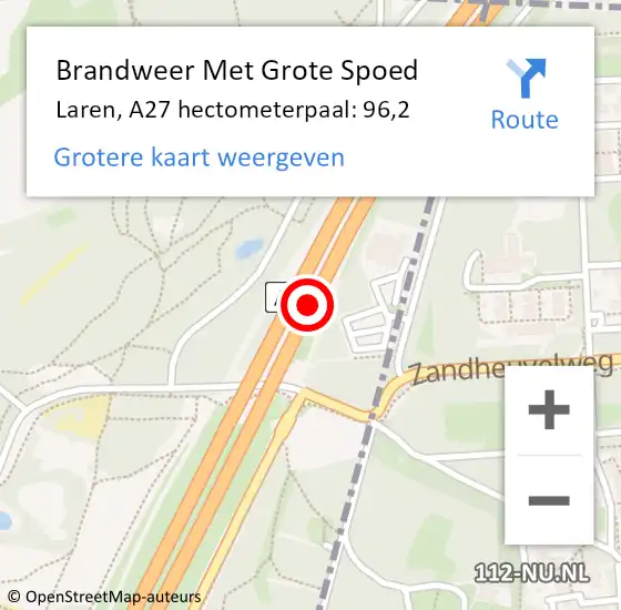 Locatie op kaart van de 112 melding: Brandweer Met Grote Spoed Naar Laren, A27 hectometerpaal: 96,2 op 30 oktober 2023 17:59