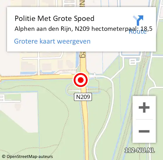 Locatie op kaart van de 112 melding: Politie Met Grote Spoed Naar Alphen aan den Rijn, N209 hectometerpaal: 18,5 op 30 oktober 2023 18:16