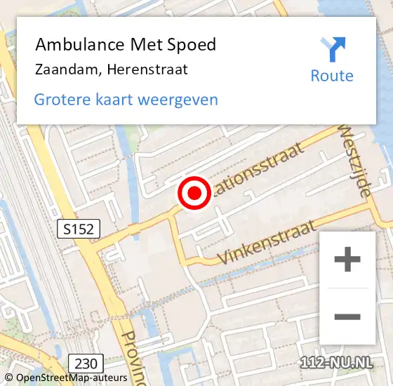 Locatie op kaart van de 112 melding: Ambulance Met Spoed Naar Zaandam, Herenstraat op 30 oktober 2023 18:22