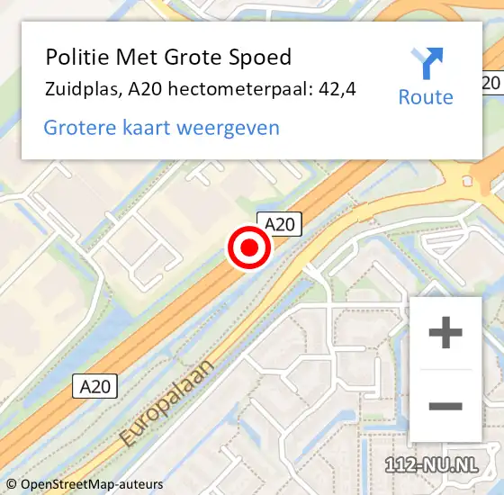 Locatie op kaart van de 112 melding: Politie Met Grote Spoed Naar Zuidplas, A20 hectometerpaal: 42,4 op 30 oktober 2023 18:25