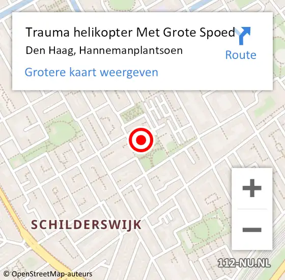 Locatie op kaart van de 112 melding: Trauma helikopter Met Grote Spoed Naar Den Haag, Hannemanplantsoen op 30 oktober 2023 18:43