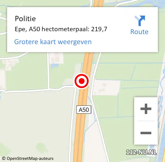 Locatie op kaart van de 112 melding: Politie Epe, A50 hectometerpaal: 219,7 op 30 oktober 2023 19:17