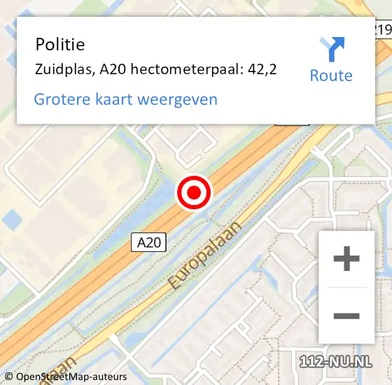 Locatie op kaart van de 112 melding: Politie Zuidplas, A20 hectometerpaal: 42,2 op 31 oktober 2023 06:53