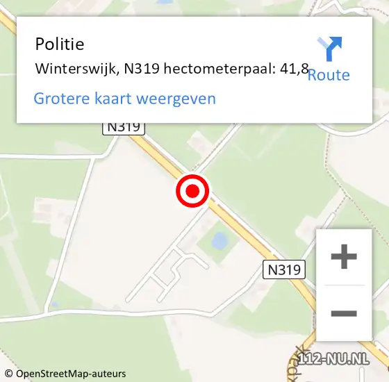 Locatie op kaart van de 112 melding: Politie Winterswijk, N319 hectometerpaal: 41,8 op 31 oktober 2023 07:28