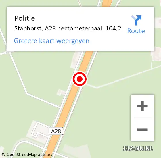 Locatie op kaart van de 112 melding: Politie Staphorst, A28 hectometerpaal: 104,2 op 31 oktober 2023 07:57