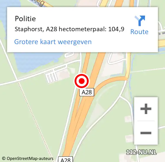Locatie op kaart van de 112 melding: Politie Staphorst, A28 hectometerpaal: 104,9 op 31 oktober 2023 08:00