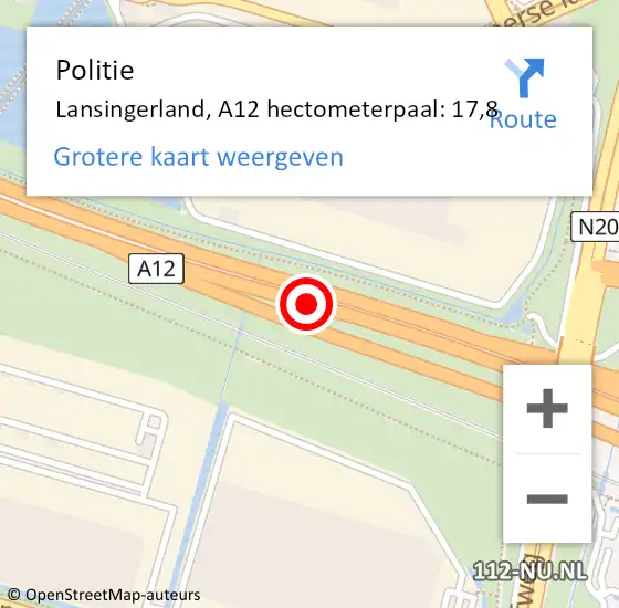 Locatie op kaart van de 112 melding: Politie Lansingerland, A12 hectometerpaal: 17,8 op 31 oktober 2023 08:11