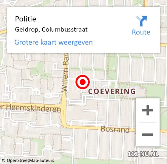 Locatie op kaart van de 112 melding: Politie Geldrop, Columbusstraat op 31 oktober 2023 08:26