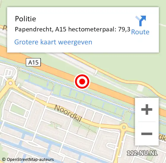 Locatie op kaart van de 112 melding: Politie Papendrecht, A15 hectometerpaal: 79,3 op 31 oktober 2023 08:31