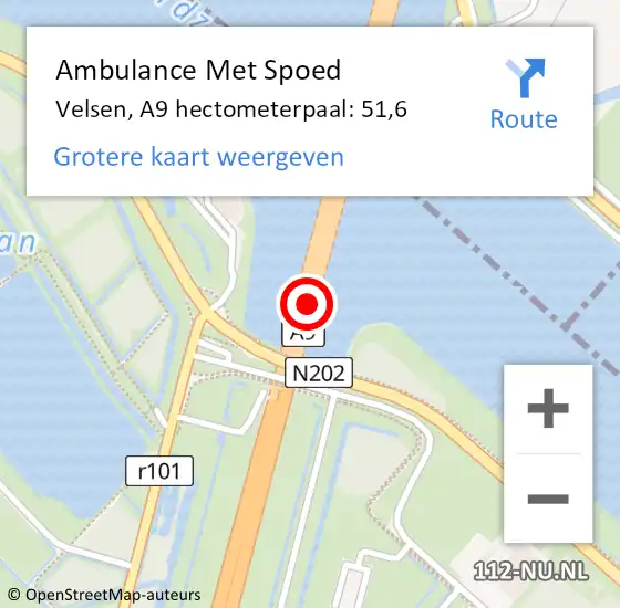 Locatie op kaart van de 112 melding: Ambulance Met Spoed Naar Velsen, A9 hectometerpaal: 51,6 op 31 oktober 2023 09:09
