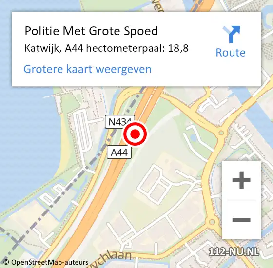 Locatie op kaart van de 112 melding: Politie Met Grote Spoed Naar Katwijk, A44 hectometerpaal: 18,8 op 31 oktober 2023 09:10