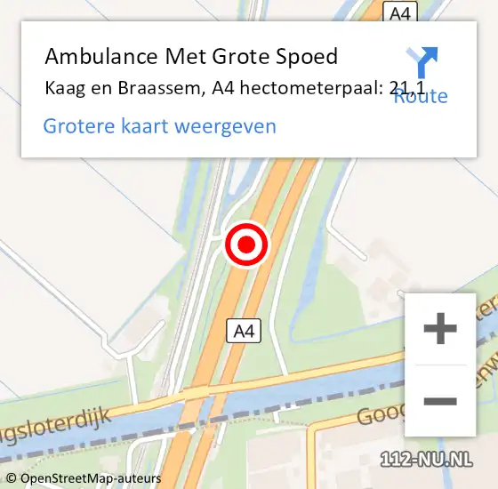 Locatie op kaart van de 112 melding: Ambulance Met Grote Spoed Naar Kaag en Braassem, A4 hectometerpaal: 21,1 op 31 oktober 2023 09:16