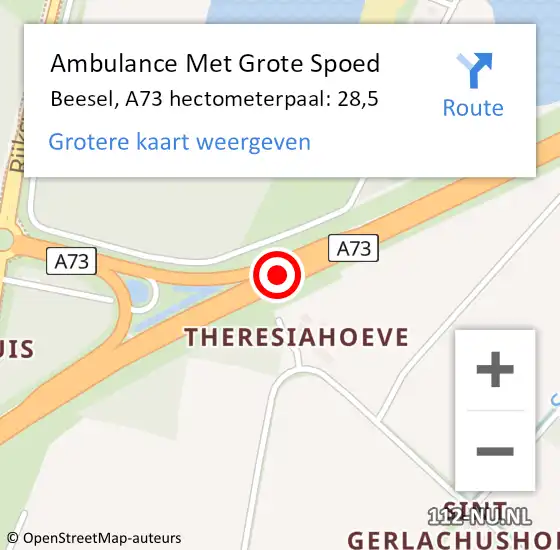 Locatie op kaart van de 112 melding: Ambulance Met Grote Spoed Naar Beesel, A73 hectometerpaal: 28,5 op 31 oktober 2023 09:38