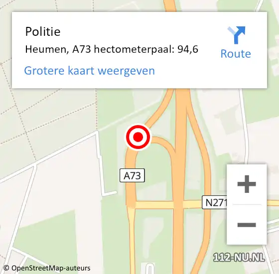 Locatie op kaart van de 112 melding: Politie Heumen, A73 hectometerpaal: 94,6 op 31 oktober 2023 09:58