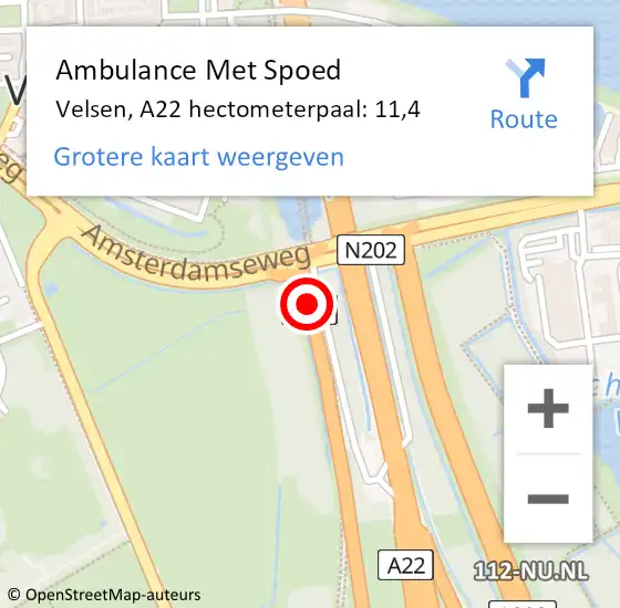 Locatie op kaart van de 112 melding: Ambulance Met Spoed Naar Velsen, A22 hectometerpaal: 11,4 op 31 oktober 2023 13:51