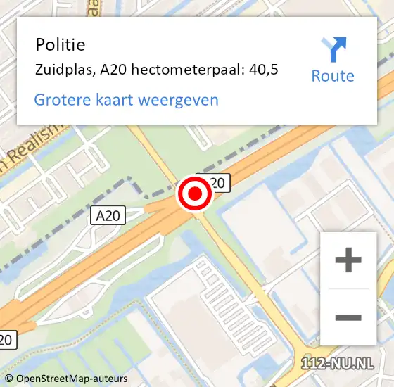 Locatie op kaart van de 112 melding: Politie Zuidplas, A20 hectometerpaal: 40,5 op 31 oktober 2023 15:05