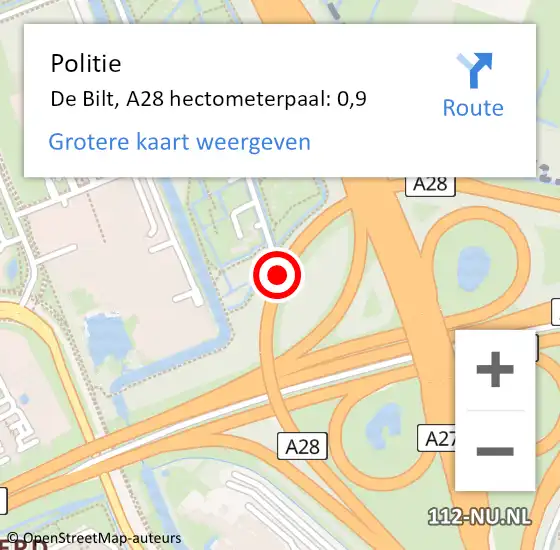 Locatie op kaart van de 112 melding: Politie De Bilt, A28 hectometerpaal: 0,9 op 31 oktober 2023 15:44