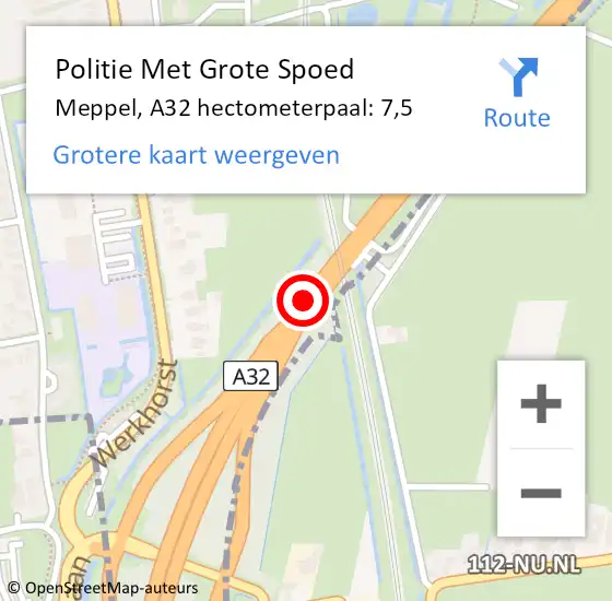 Locatie op kaart van de 112 melding: Politie Met Grote Spoed Naar Meppel, A32 hectometerpaal: 7,5 op 31 oktober 2023 16:21