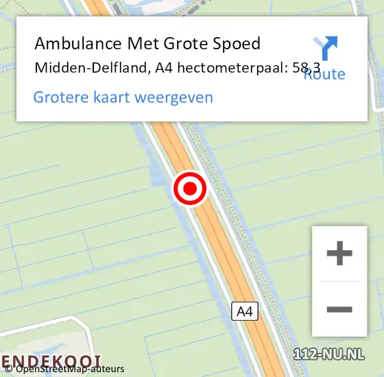 Locatie op kaart van de 112 melding: Ambulance Met Grote Spoed Naar Midden-Delfland, A4 hectometerpaal: 58,3 op 31 oktober 2023 17:47