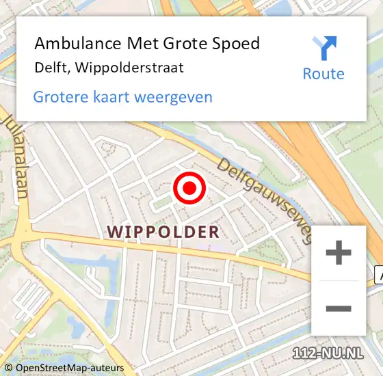 Locatie op kaart van de 112 melding: Ambulance Met Grote Spoed Naar Delft, Wippolderstraat op 31 oktober 2023 18:05