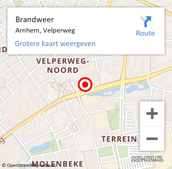 Locatie op kaart van de 112 melding: Brandweer Arnhem, Velperweg op 31 oktober 2023 20:09