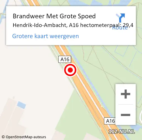 Locatie op kaart van de 112 melding: Brandweer Met Grote Spoed Naar Hendrik-Ido-Ambacht, A16 hectometerpaal: 29,4 op 31 oktober 2023 20:25