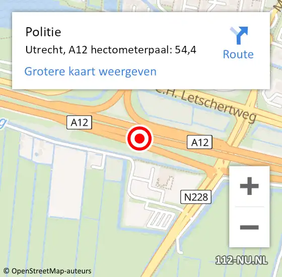 Locatie op kaart van de 112 melding: Politie Utrecht, A12 hectometerpaal: 54,4 op 31 oktober 2023 22:19