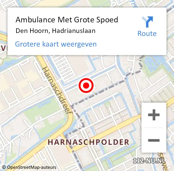 Locatie op kaart van de 112 melding: Ambulance Met Grote Spoed Naar Den Hoorn, Hadrianuslaan op 1 november 2023 00:31