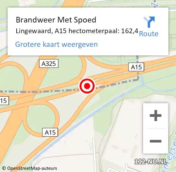 Locatie op kaart van de 112 melding: Brandweer Met Spoed Naar Lingewaard, A15 hectometerpaal: 162,4 op 1 november 2023 06:20