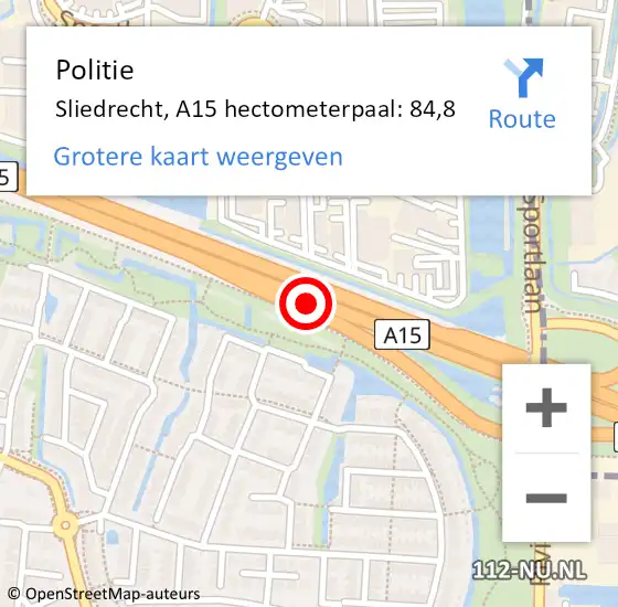 Locatie op kaart van de 112 melding: Politie Sliedrecht, A15 hectometerpaal: 84,8 op 1 november 2023 06:31